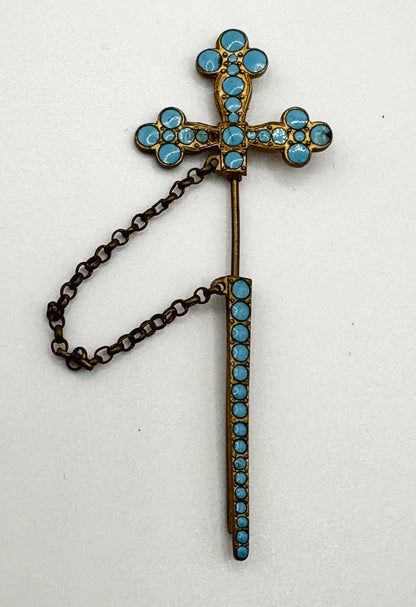 Antqiue French Turquoise Cross Sword Tie Pin / Pin