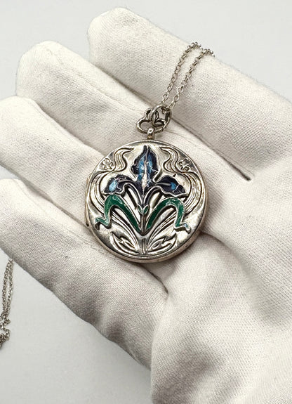 Art Nouveau Sterling Silver & Enamel Flower Locket/Necklace