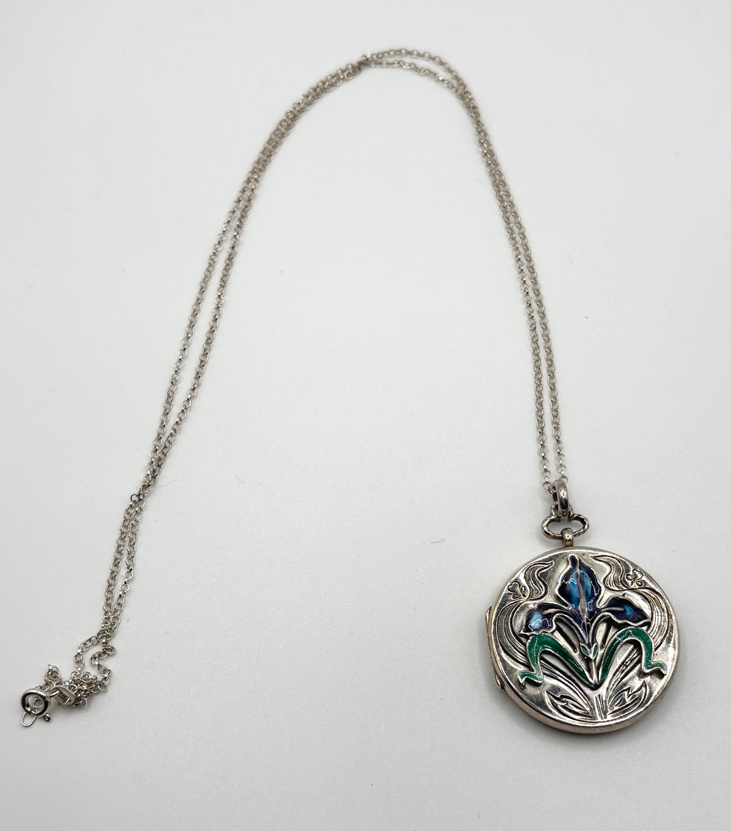 Art Nouveau Sterling Silver & Enamel Flower Locket/Necklace