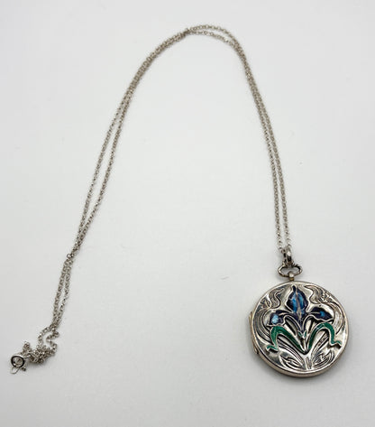 Art Nouveau Sterling Silver & Enamel Flower Locket/Necklace