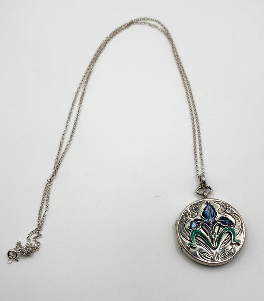 Art Nouveau Sterling Silver & Enamel Flower Locket/Necklace