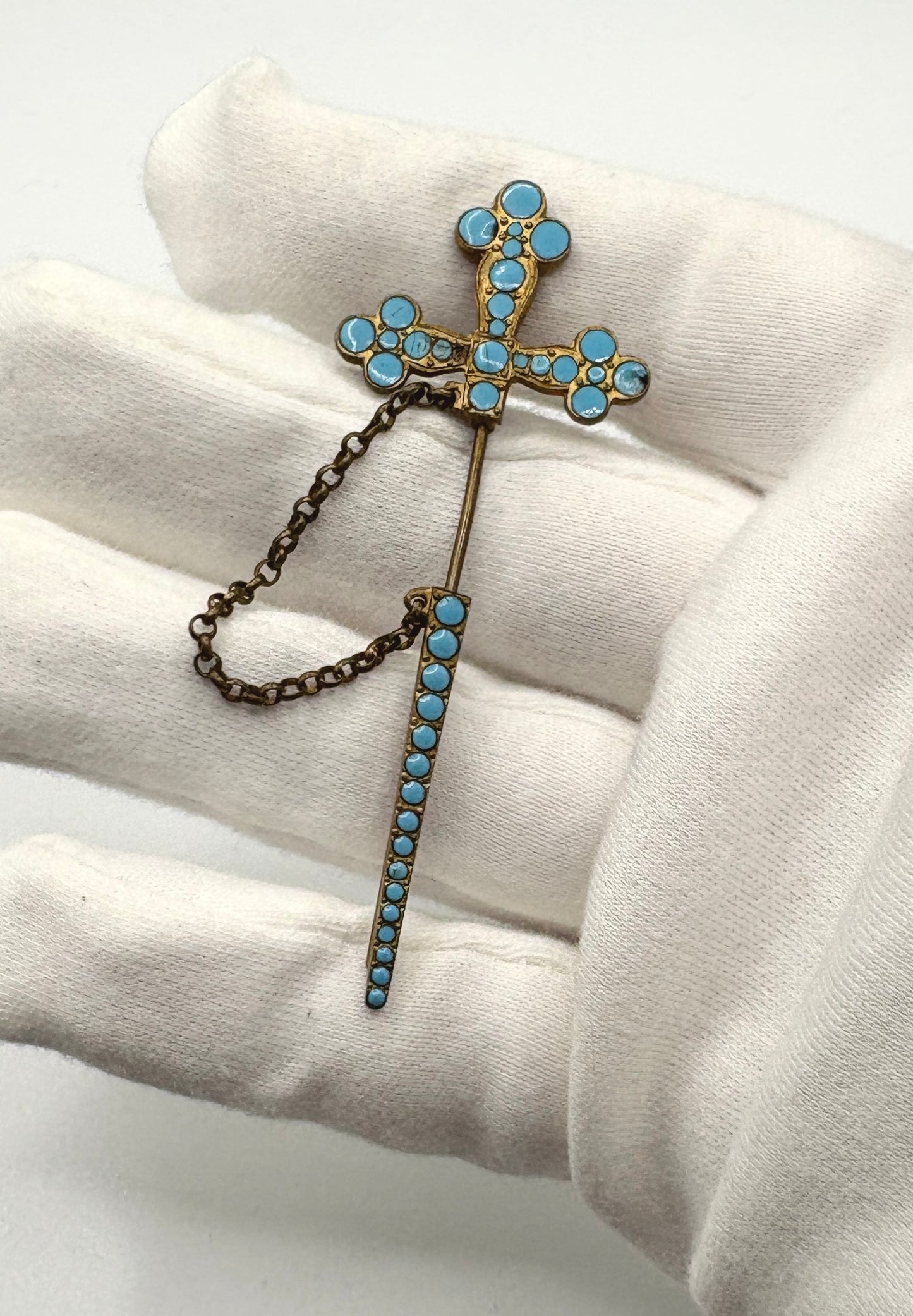 Antqiue French Turquoise Cross Sword Tie Pin / Pin