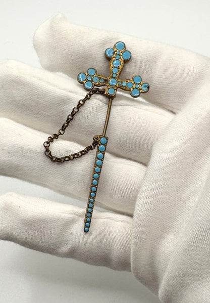 Antqiue French Turquoise Cross Sword Tie Pin / Pin