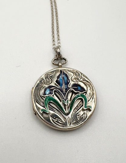 Art Nouveau Sterling Silver & Enamel Flower Locket/Necklace