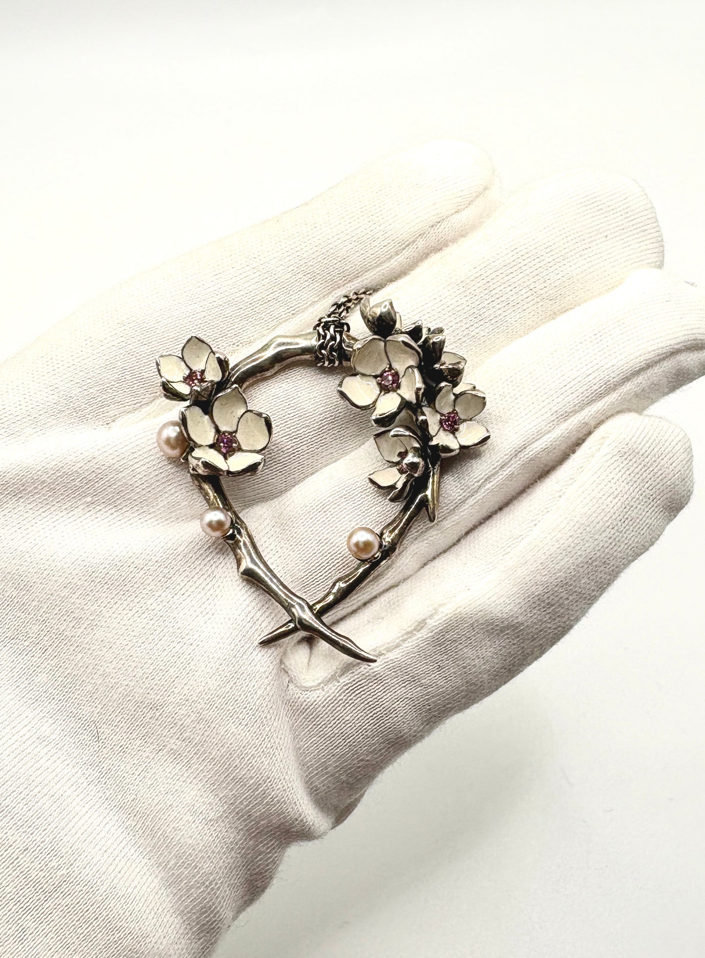 Shaun Leane Flower Necklace Solid Silver 925 & Enamel & Pink sapphire stones