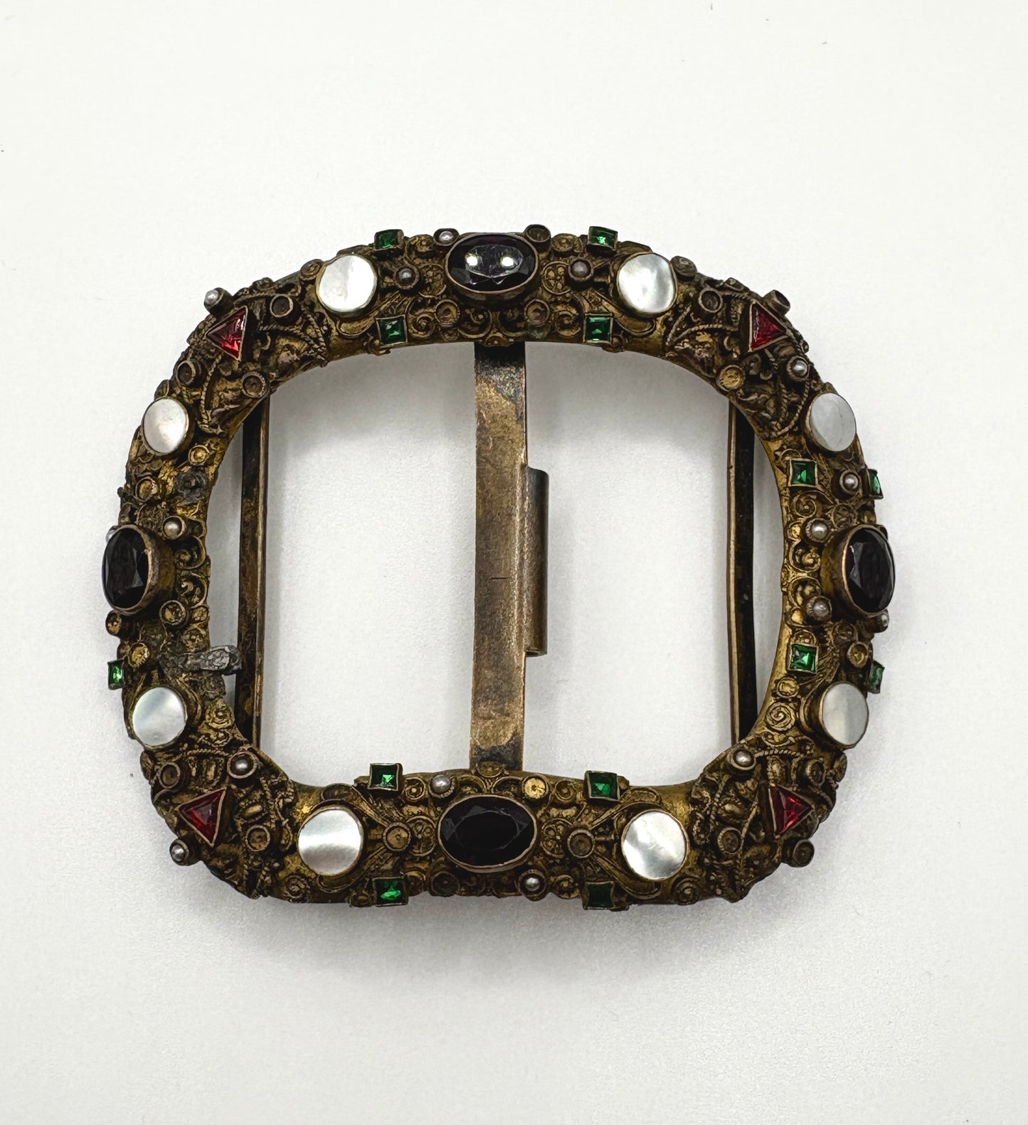 Antique Austro-Hungarian Belt Buckle, base metal with Garnet & Mother of pearl