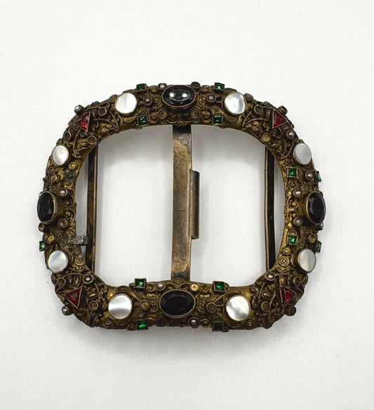 Antique Austro-Hungarian Belt Buckle, base metal with Garnet & Mother of pearl