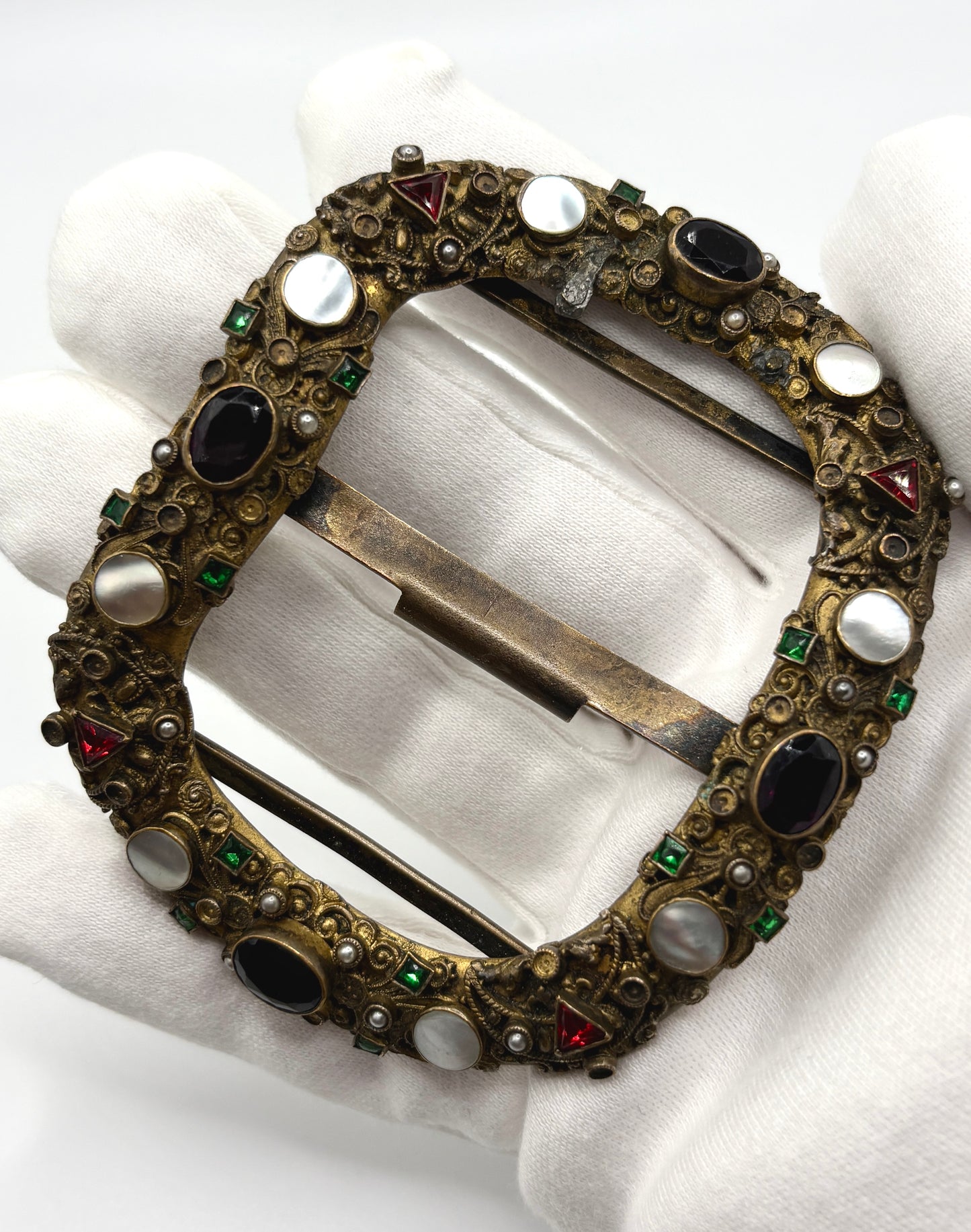 Antique Austro-Hungarian Belt Buckle, base metal with Garnet & Mother of pearl