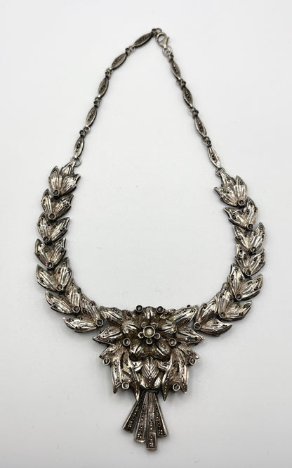 1920s Art Deco Solid Silver Necklace with Diamond clusters (Great Gatsby Style)