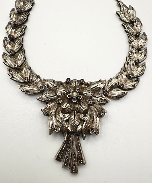 1920s Art Deco Solid Silver Necklace with Diamond clusters (Great Gatsby Style)