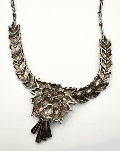1920s Art Deco Solid Silver Necklace with Diamond clusters (Great Gatsby Style)