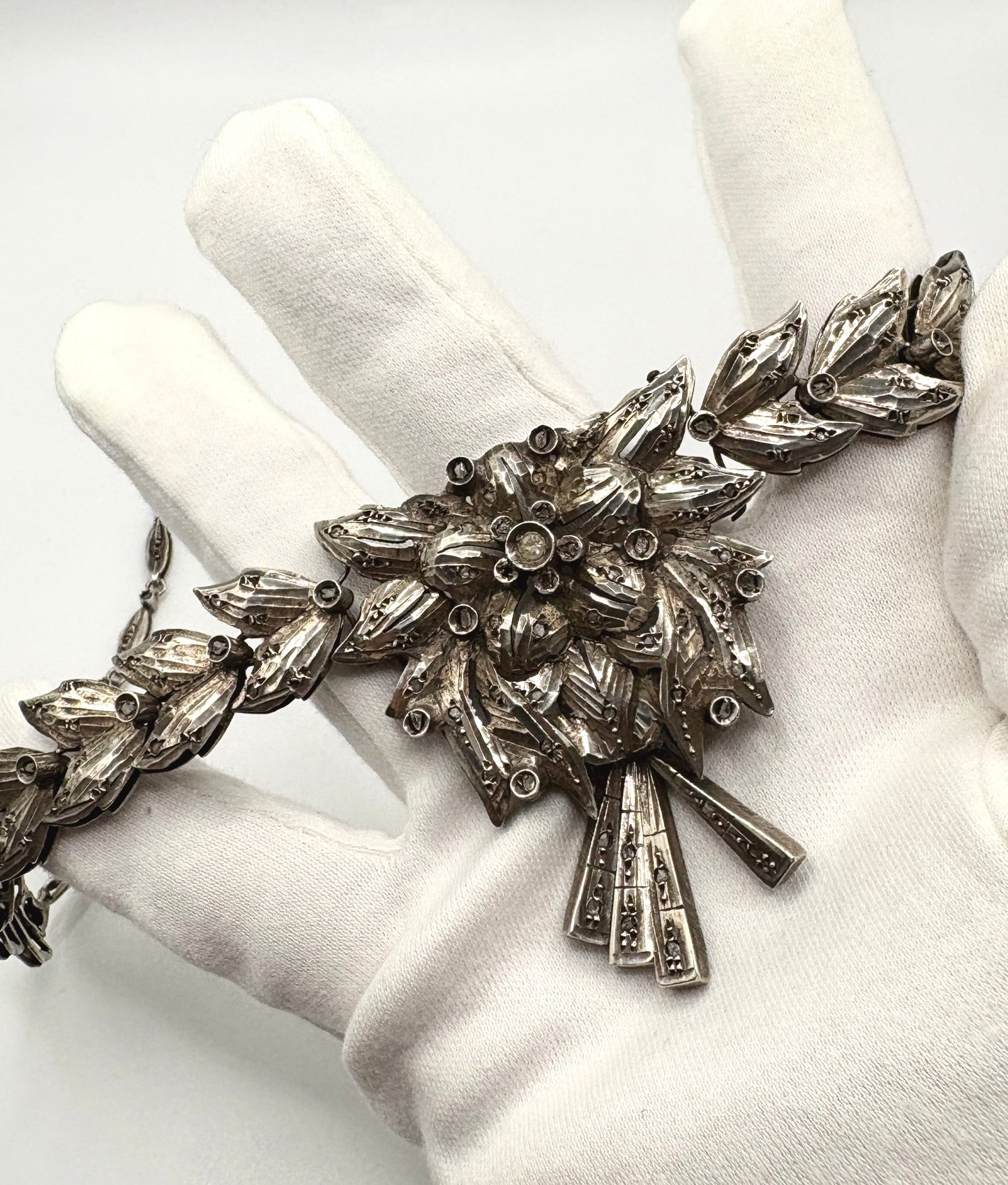 1920s Art Deco Solid Silver Necklace with Diamond clusters (Great Gatsby Style)