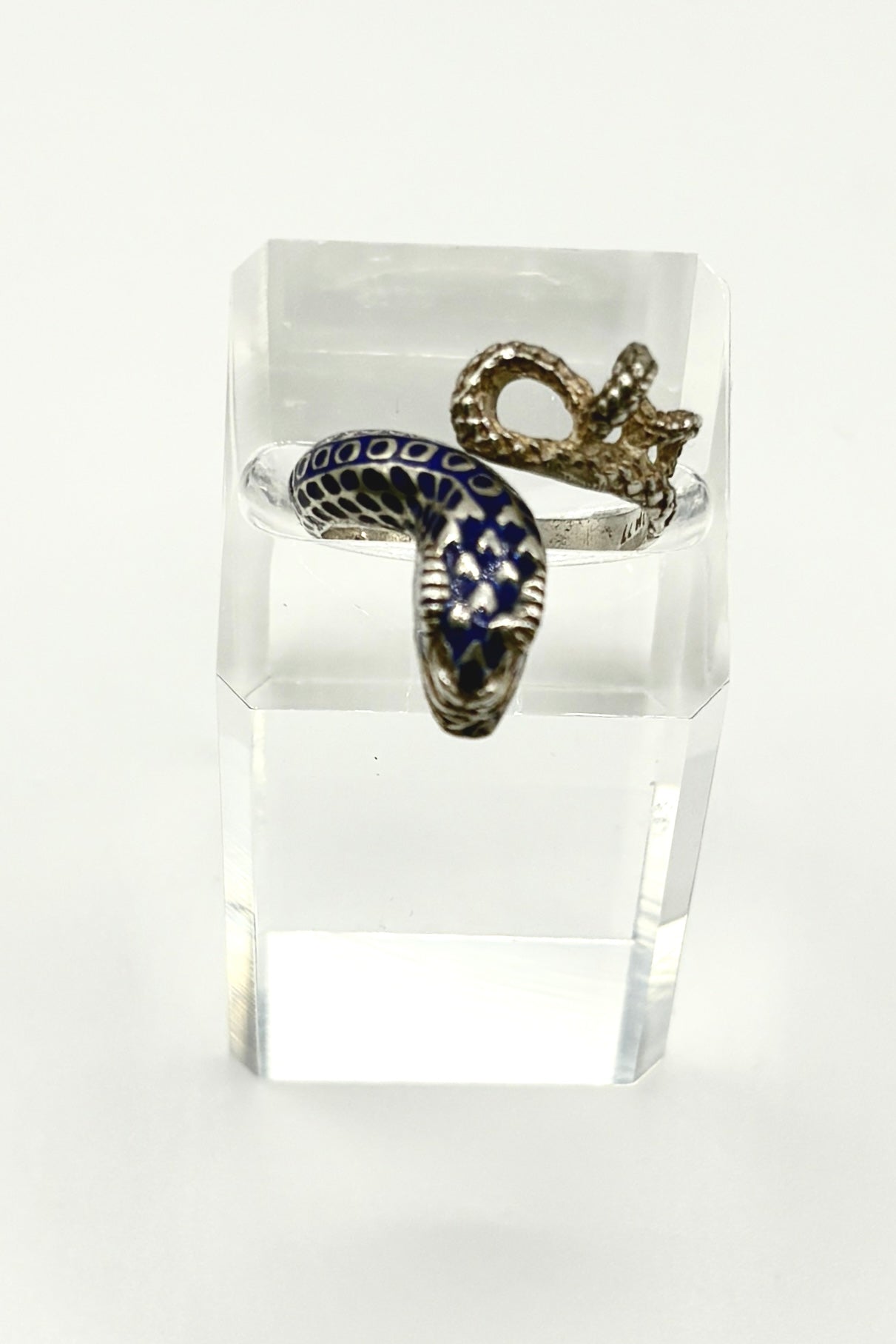 Vintage Snake Ring, Solid silver with Blue enamel