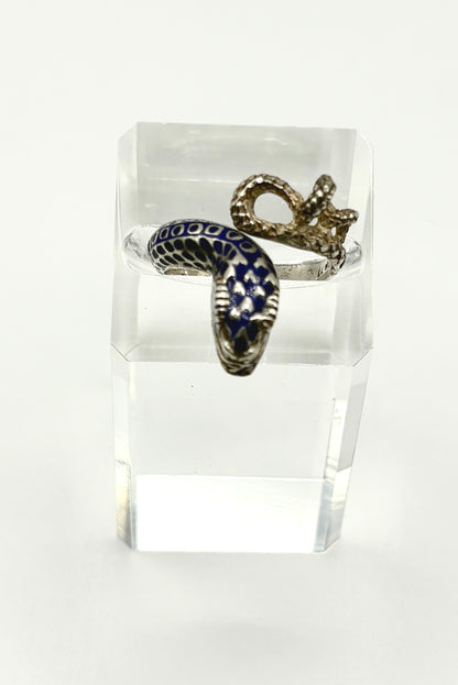 Vintage Snake Ring, Solid silver with Blue enamel