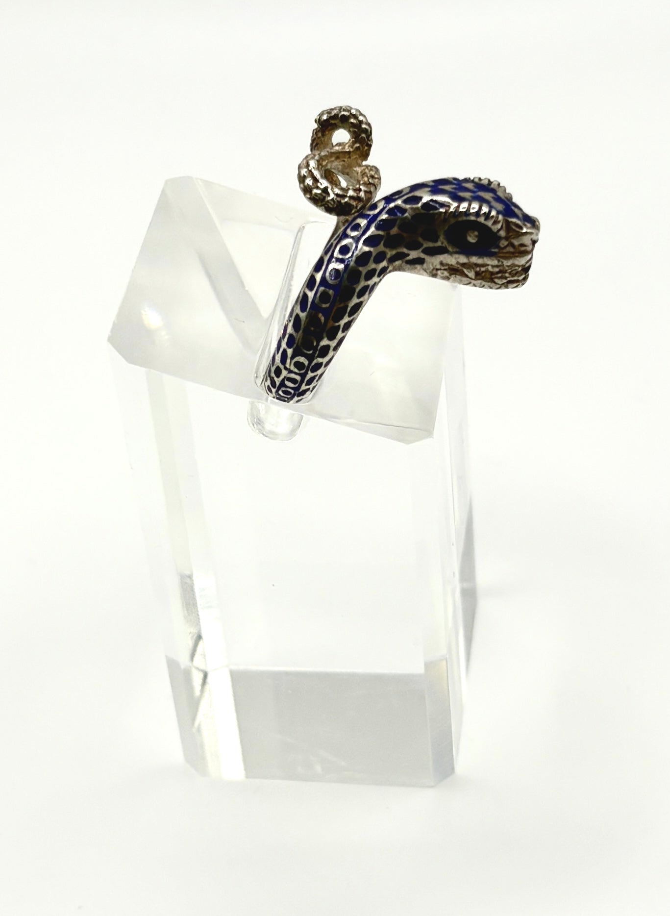 Vintage Snake Ring, Solid silver with Blue enamel