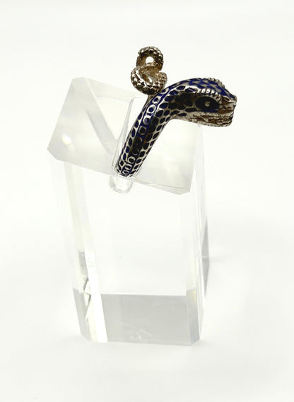 Vintage Snake Ring, Solid silver with Blue enamel