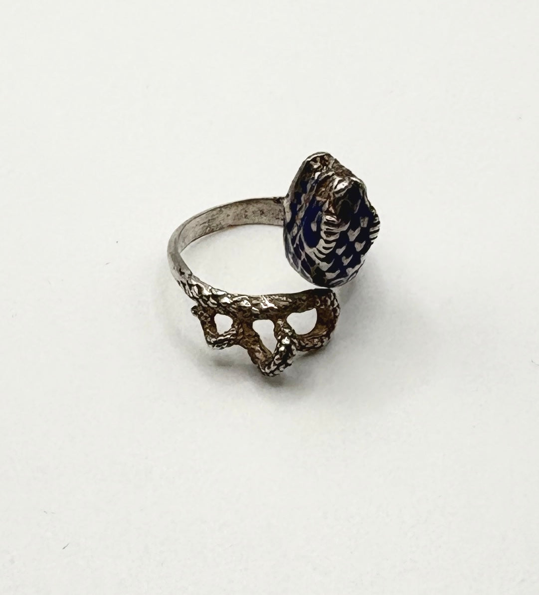 Vintage Snake Ring, Solid silver with Blue enamel