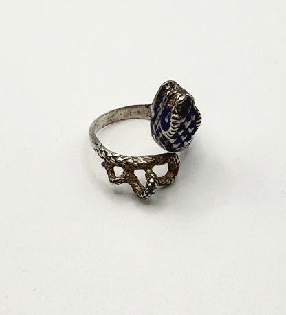 Vintage Snake Ring, Solid silver with Blue enamel
