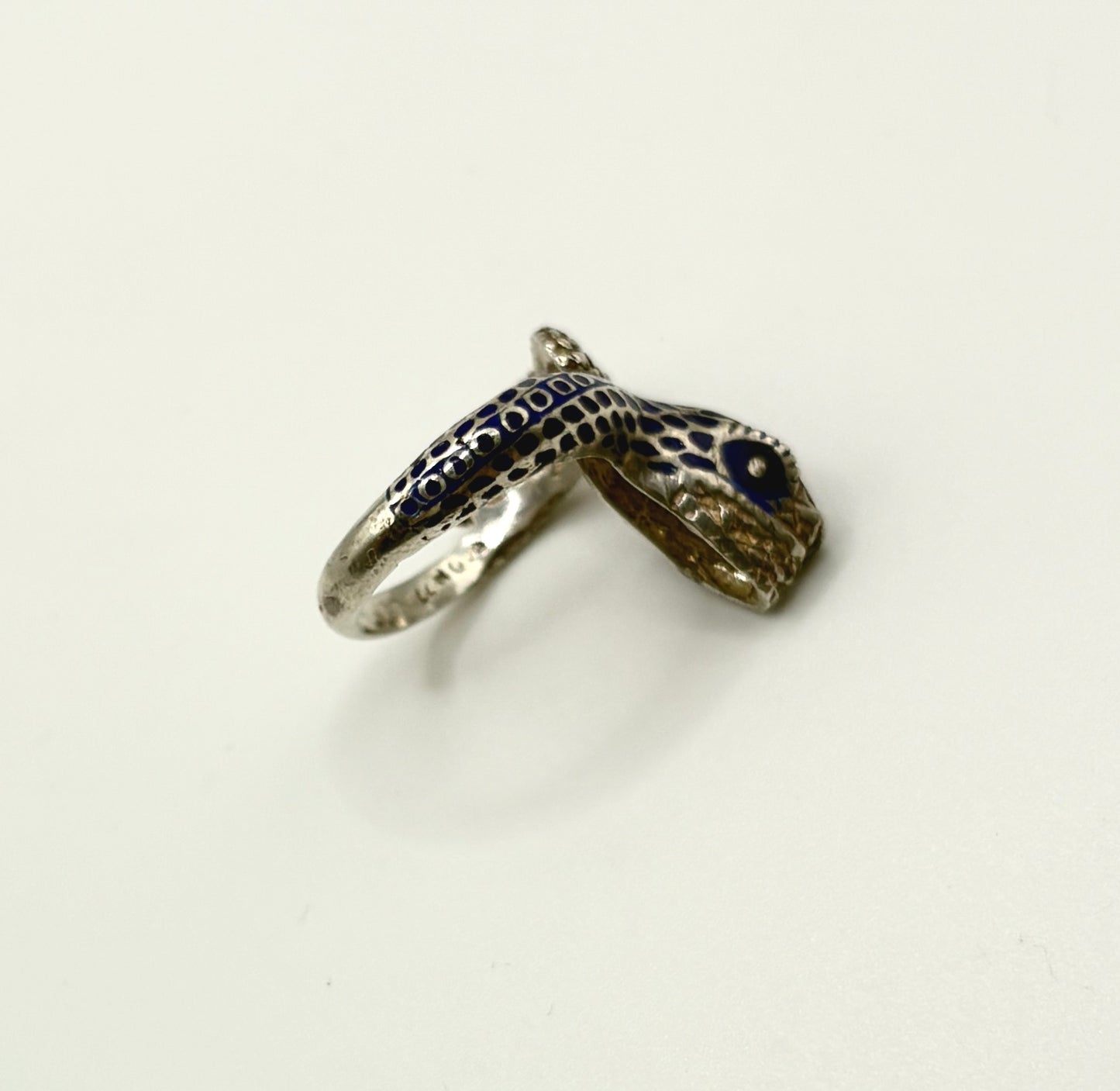 Vintage Snake Ring, Solid silver with Blue enamel