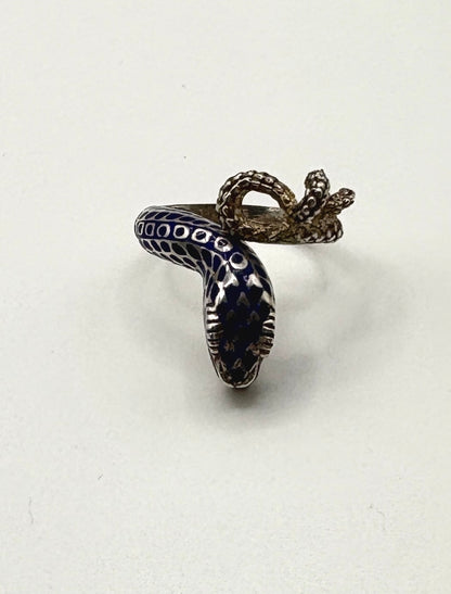 Vintage Snake Ring, Solid silver with Blue enamel