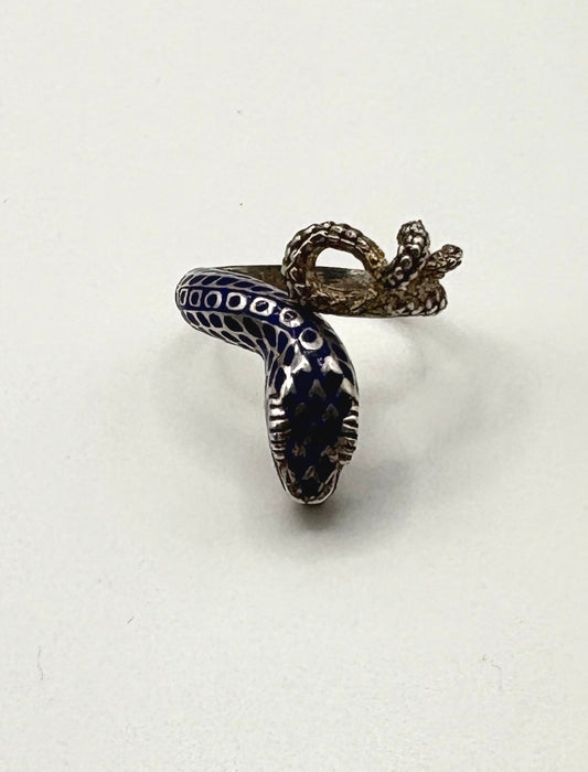 Vintage Snake Ring, Solid silver with Blue enamel