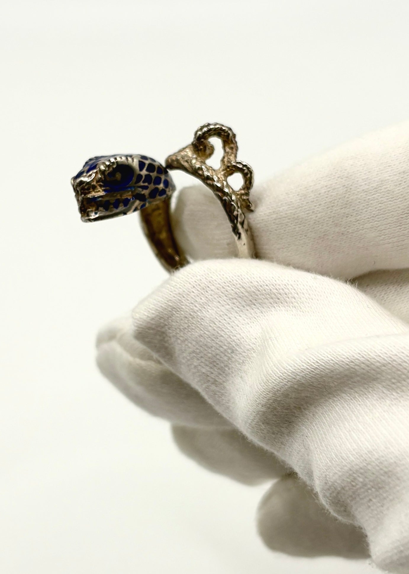 Vintage Snake Ring, Solid silver with Blue enamel