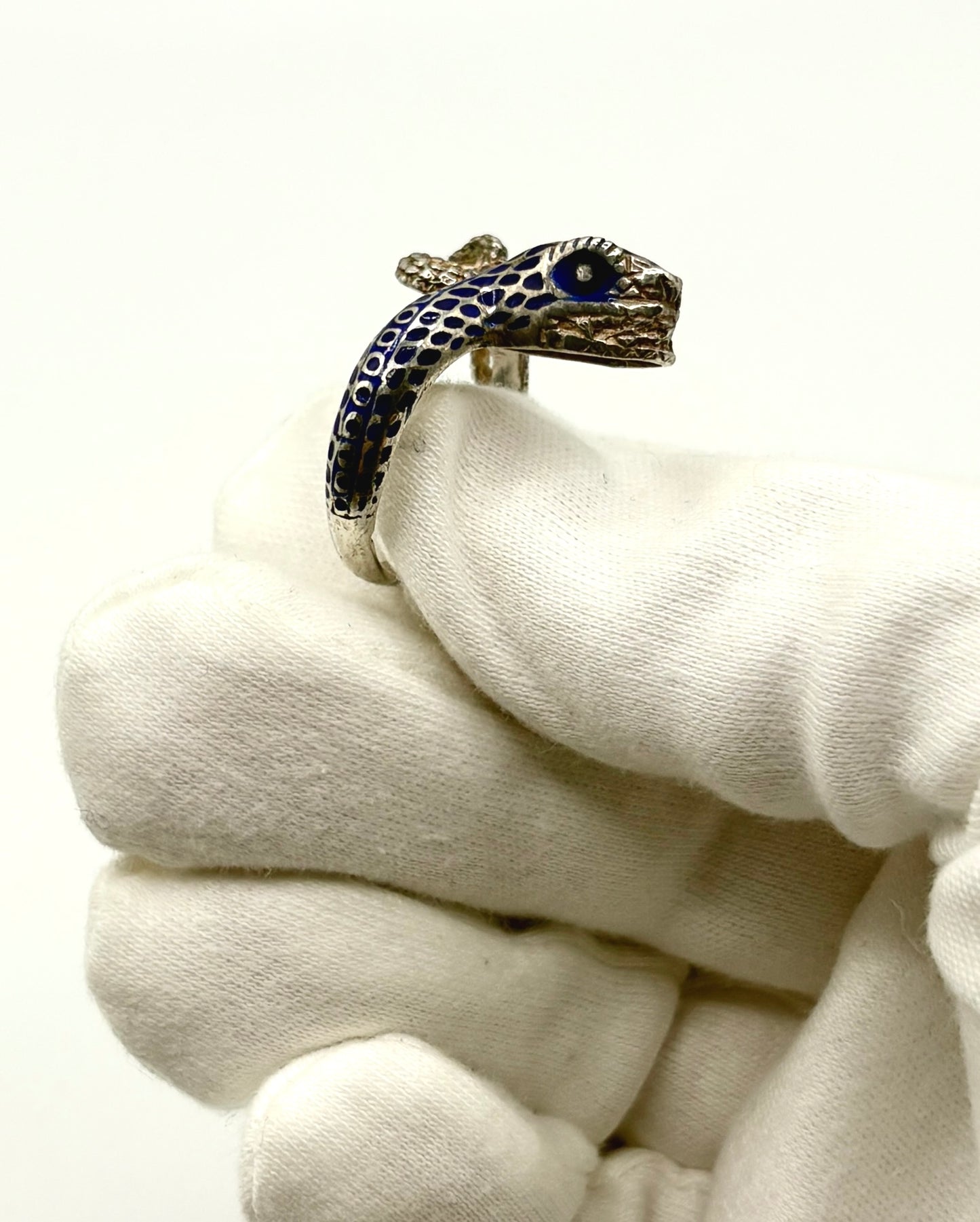Vintage Snake Ring, Solid silver with Blue enamel