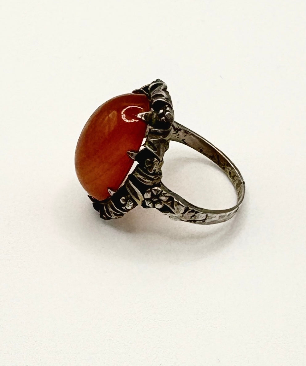 Art Deco Solid Silver Oval Cabochon Carnelian Ring