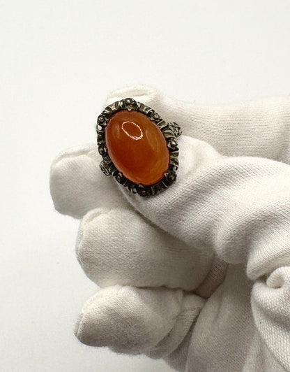Art Deco Solid Silver Oval Cabochon Carnelian Ring