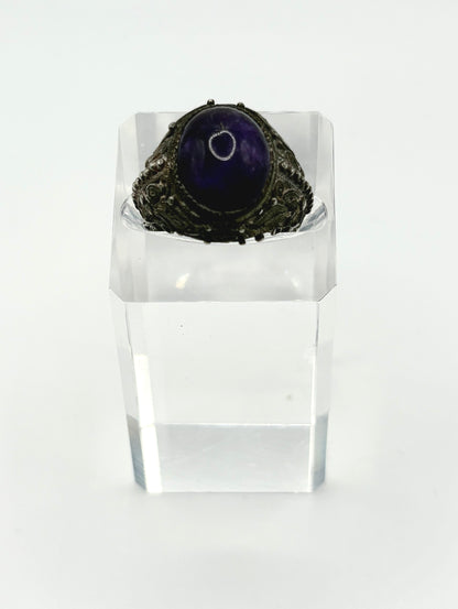 Antique Solid Silver Ring with cabochon dark Amethyst (Adjustable)