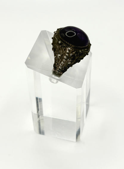 Antique Solid Silver Ring with cabochon dark Amethyst (Adjustable)