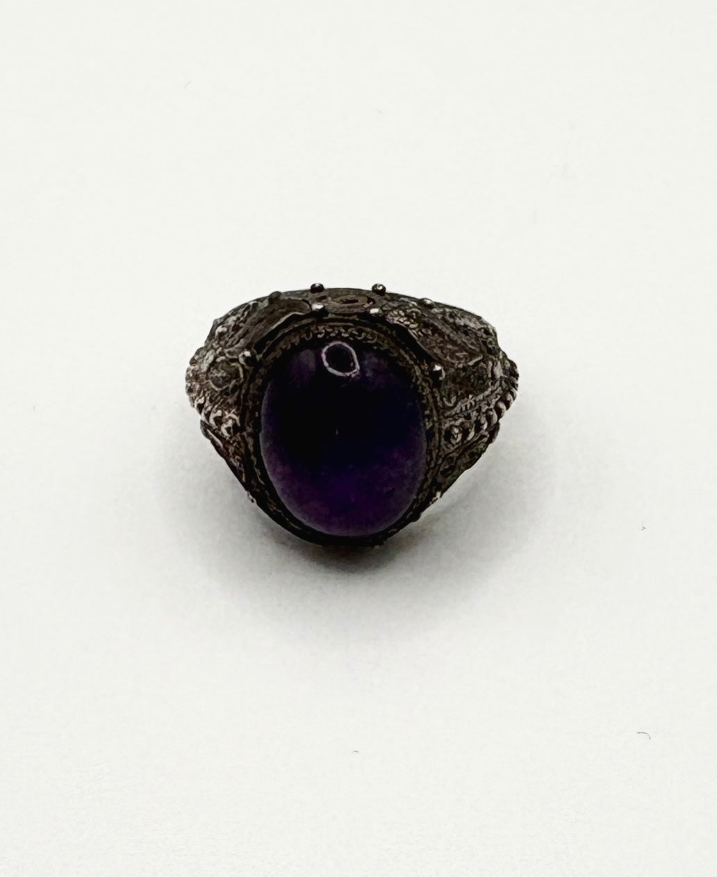 Antique Solid Silver Ring with cabochon dark Amethyst (Adjustable)