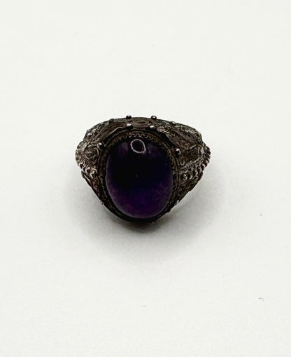 Antique Solid Silver Ring with cabochon dark Amethyst (Adjustable)