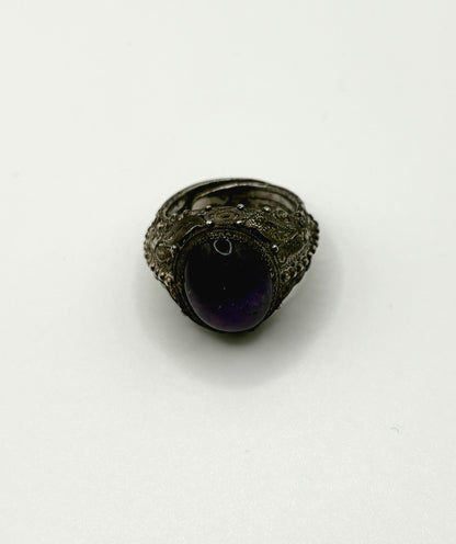 Antique Solid Silver Ring with cabochon dark Amethyst (Adjustable)