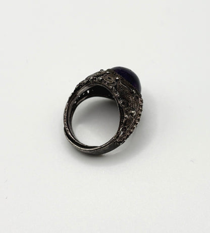 Antique Solid Silver Ring with cabochon dark Amethyst (Adjustable)