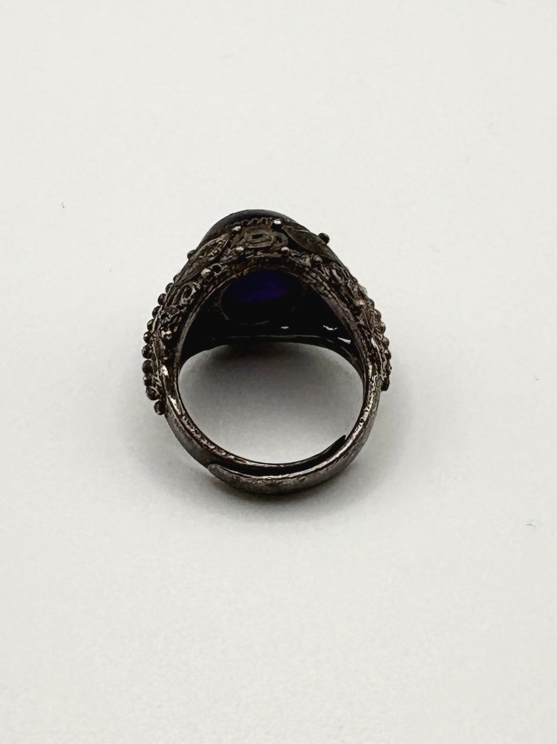 Antique Solid Silver Ring with cabochon dark Amethyst (Adjustable)