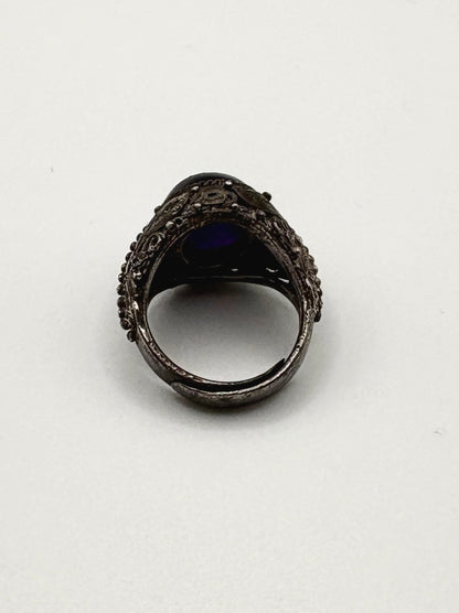 Antique Solid Silver Ring with cabochon dark Amethyst (Adjustable)