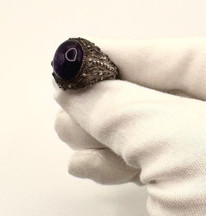 Antique Solid Silver Ring with cabochon dark Amethyst (Adjustable)