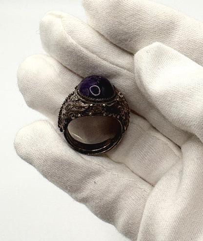 Antique Solid Silver Ring with cabochon dark Amethyst (Adjustable)