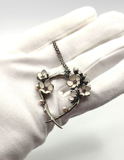 Shaun Leane Flower Necklace Solid Silver 925 & Enamel & Pink sapphire stones