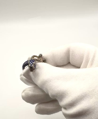 Vintage Snake Ring, Solid silver with Blue enamel