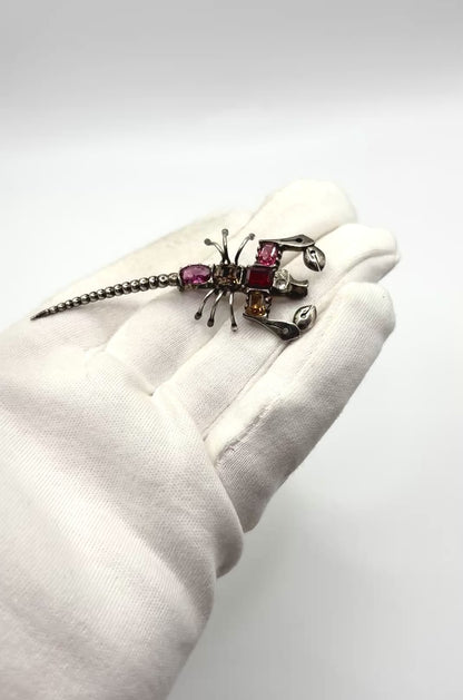 Antique Edwardian Solid silver Scorpion Brooch with Gemstones