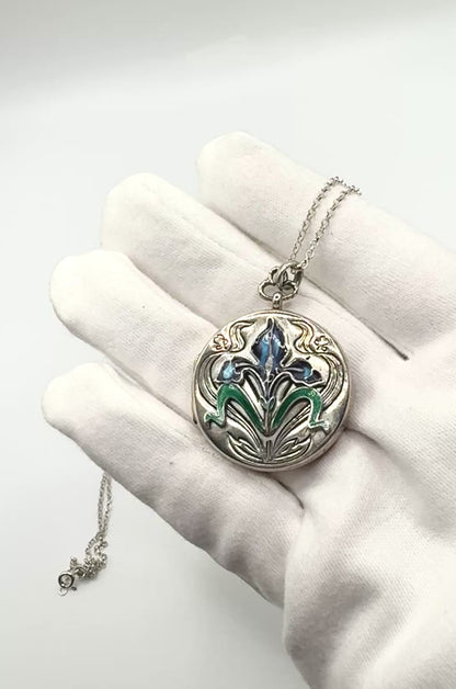 Art Nouveau Sterling Silver & Enamel Flower Locket/Necklace