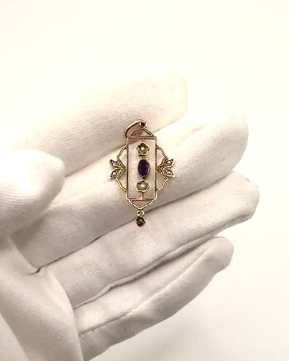 Antique Edwardian Solid 9ct Gold Pendant with Garent & Pearls