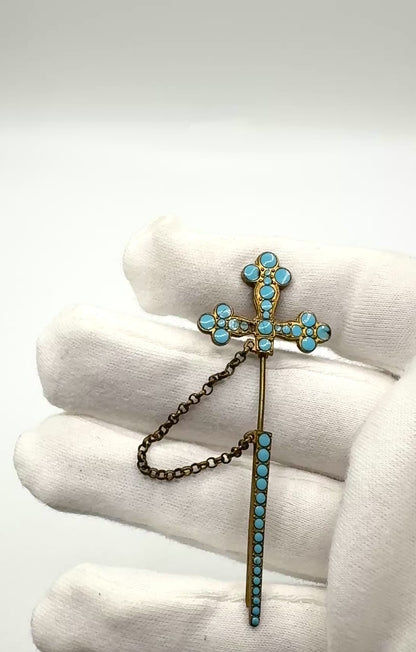 Antqiue French Turquoise Cross Sword Tie Pin / Pin