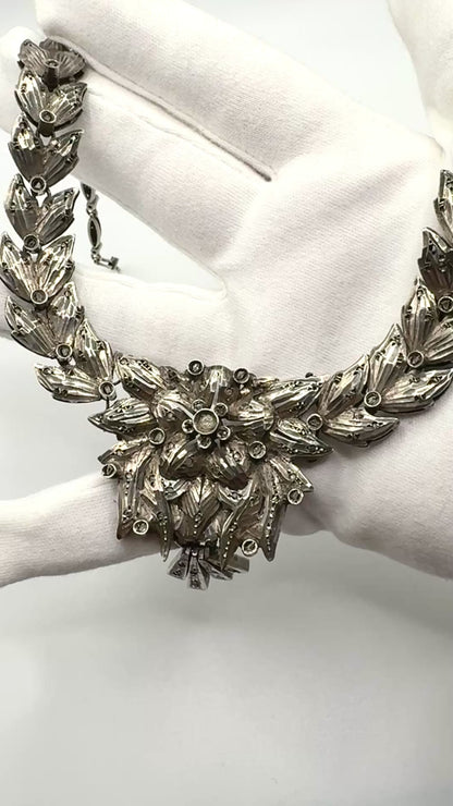 1920s Art Deco Solid Silver Necklace with Diamond clusters (Great Gatsby Style)