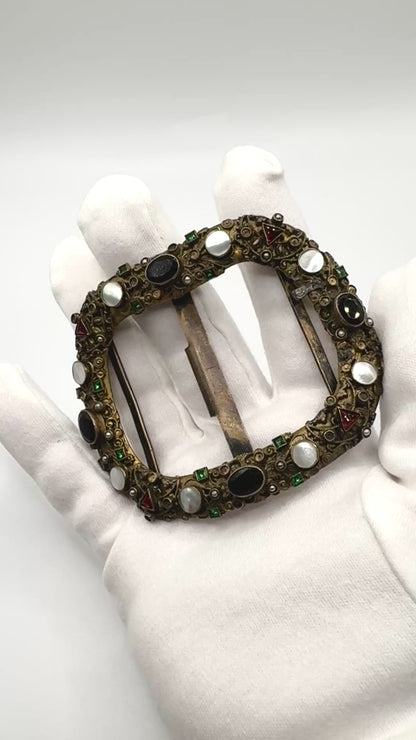 Antique Austro-Hungarian Belt Buckle, base metal with Garnet & Mother of pearl