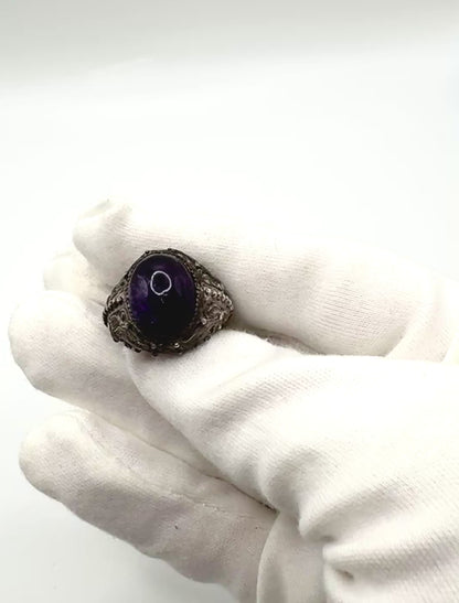 Antique Solid Silver Ring with cabochon dark Amethyst (Adjustable)
