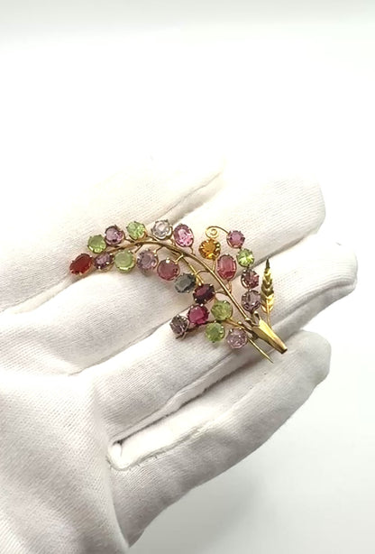 Vintage Sri Lankan Tutti Frutti Gemstone 12ct gold Brooch